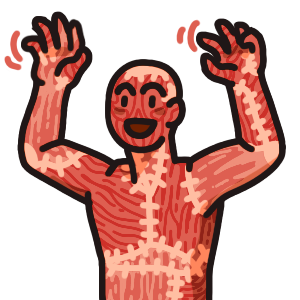 a figure from the waist up, raising their arms above their head and wiggling their fingers. They are an avatar of the Flesh. Their muscle is exposed, and appear to be sewn together from different muscles, a little like Frankenstein’s monster.